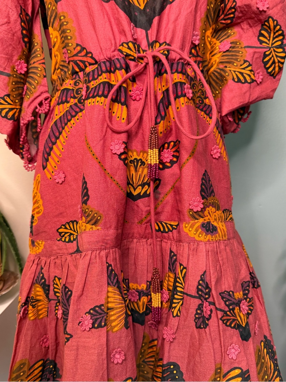 FARM Rio Pink Floral Applique Puff Sleeve Cotton Mini Dress XXS Cottagecore Boho - Picture 7 of 14